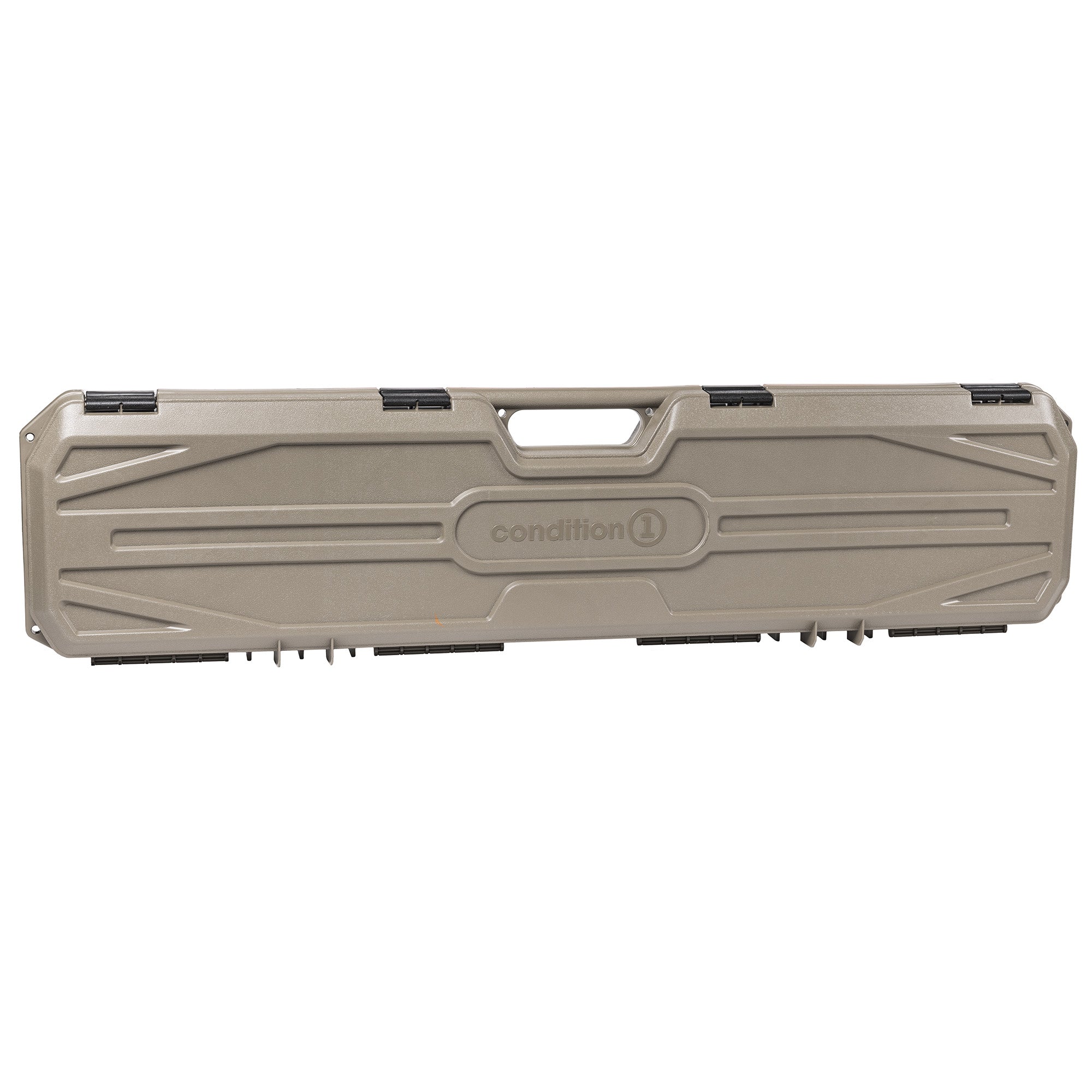 42-inch gray plastic storage case with black latches and handle, labeled "condition 1" for secure equipment storage.