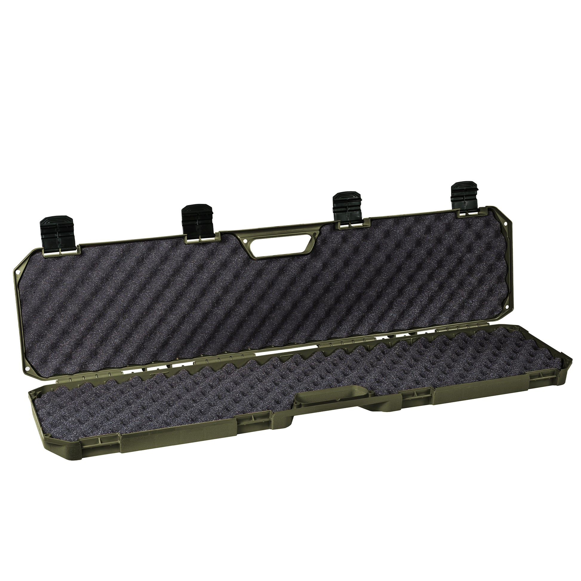 Open green 42" economy case with foam padding and black latches, designed for secure storage and transport.