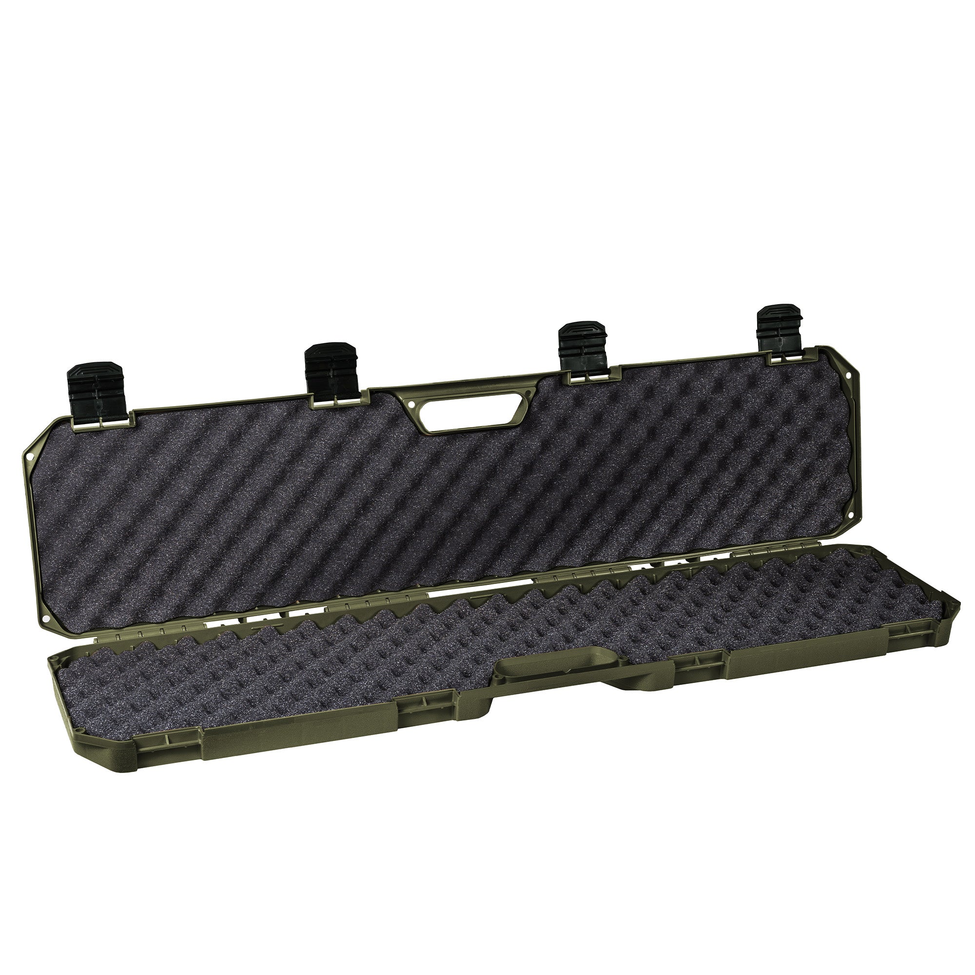 Open green 42" economy case with foam padding and black latches, designed for secure storage and transport.