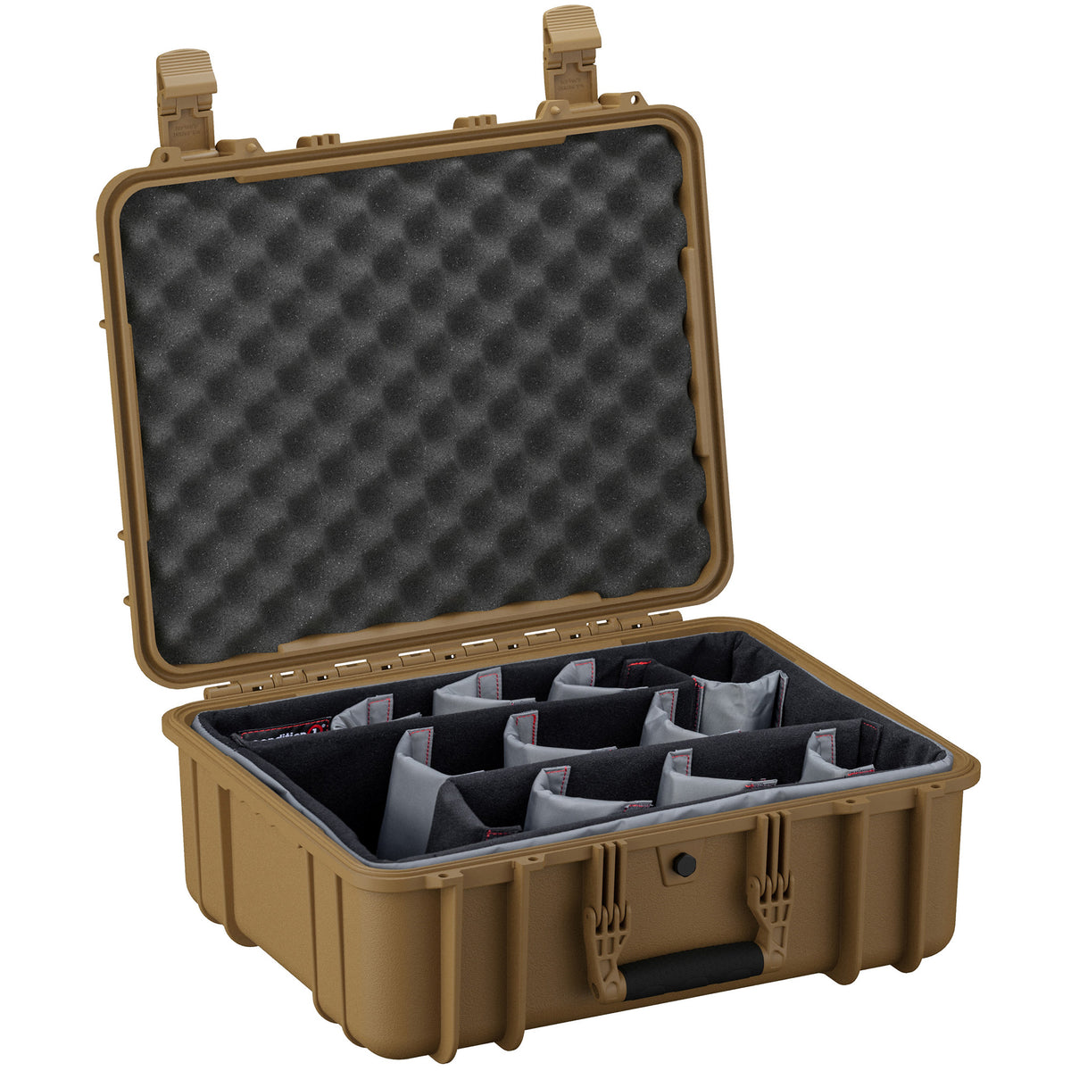 Alt text: "Open 20-inch large protective hard case in tan color, featuring customizable foam dividers inside, ideal for storing and organizing photography equipment or sensitive electronic devices, with egg-crate foam padding on the inner lid for additional protection."