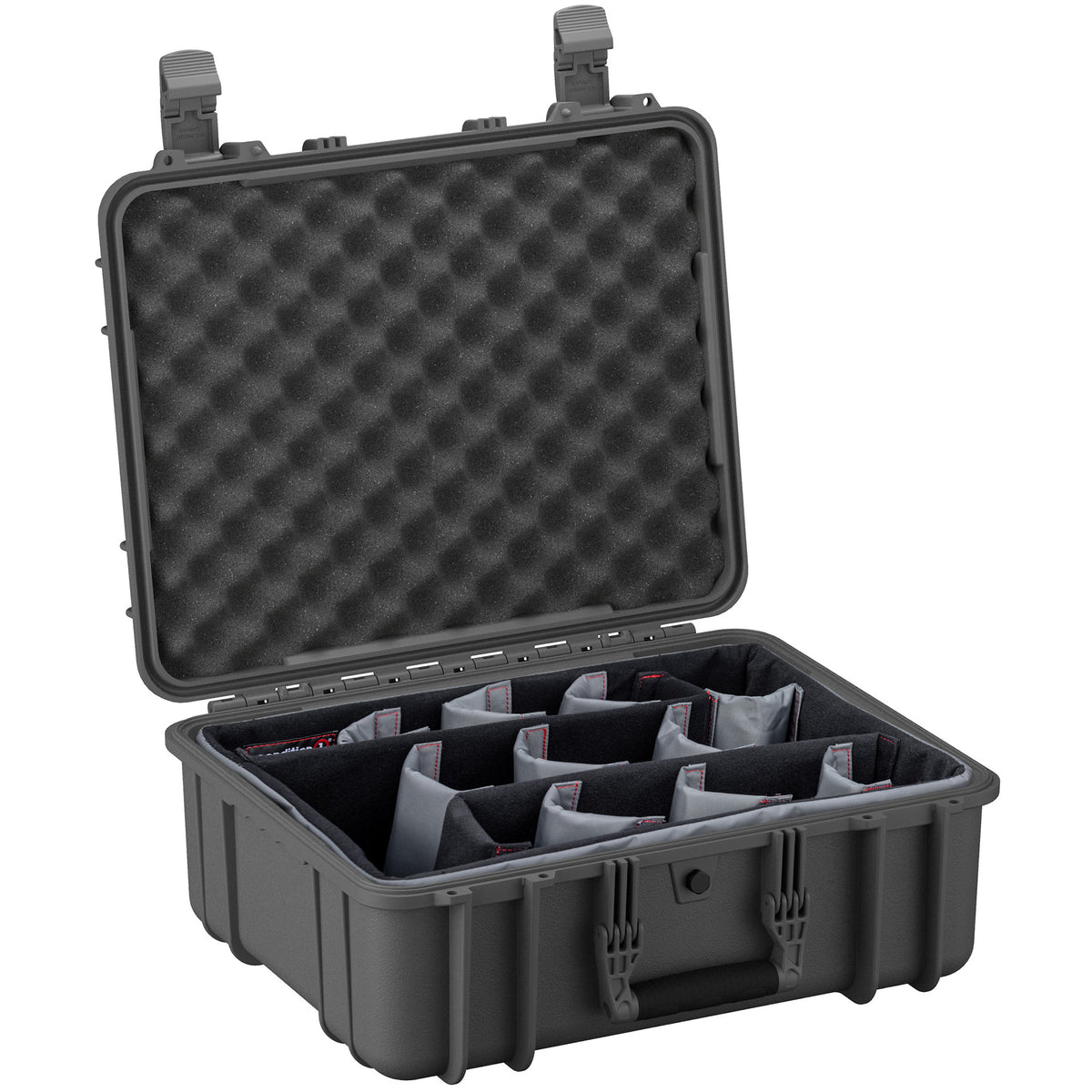 Alt text: A 20-inch large protective hard case, model number 253, with a black durable exterior and open lid showing foam-lined interior and adjustable padded dividers. Two secure latches are visible on the top.