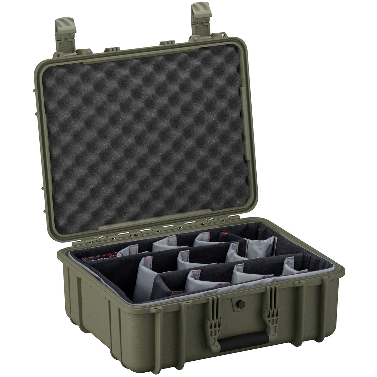 Alt text: "Durable 20-inch large olive green protective case open, displaying adjustable padded dividers and egg-crate foam lid, designed for securely organizing and transporting sensitive equipment."