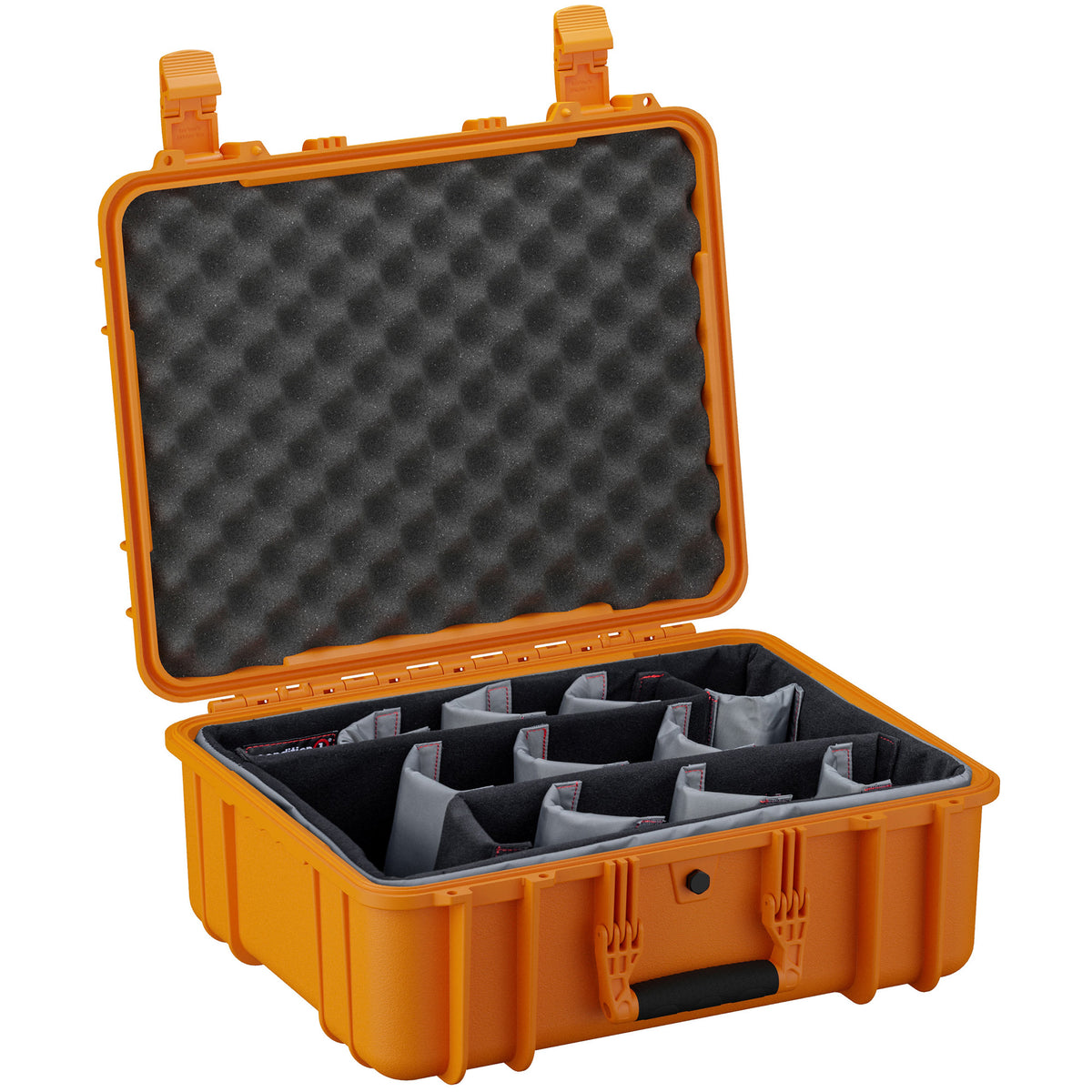 Alt text: "Open 20-inch large orange protective case with customizable foam inserts and an egg-crate foam lid, model #253."
