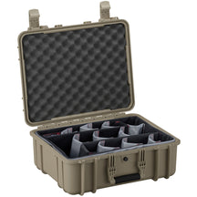 Alt text: "Open 20-inch large protective case in tan with customizable foam inserts and sturdy latches, featuring an egg-crate foam lid interior for secure item storage."