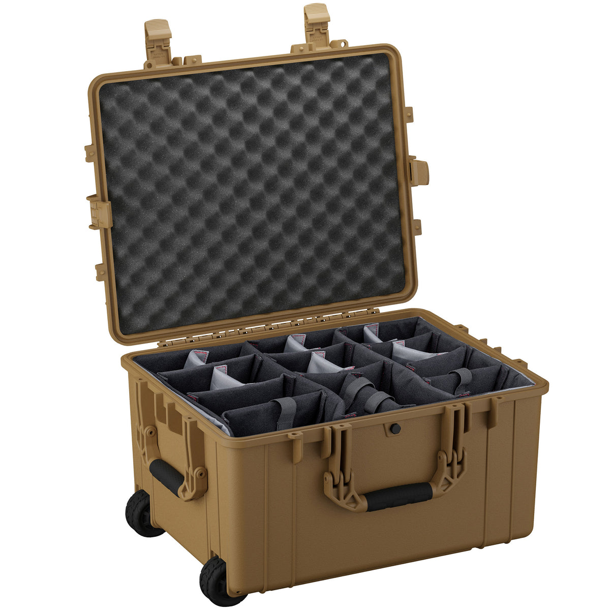 Alt text: "Large 25-inch protective case, model #286, with wheels and a durable tan exterior, featuring an open design displaying adjustable padded dividers and a foam-lined lid, ideal for organizing and securing equipment."