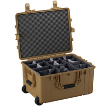 Alt text: "Large 25-inch protective case, model #286, with wheels and a durable tan exterior, featuring an open design displaying adjustable padded dividers and a foam-lined lid, ideal for organizing and securing equipment."