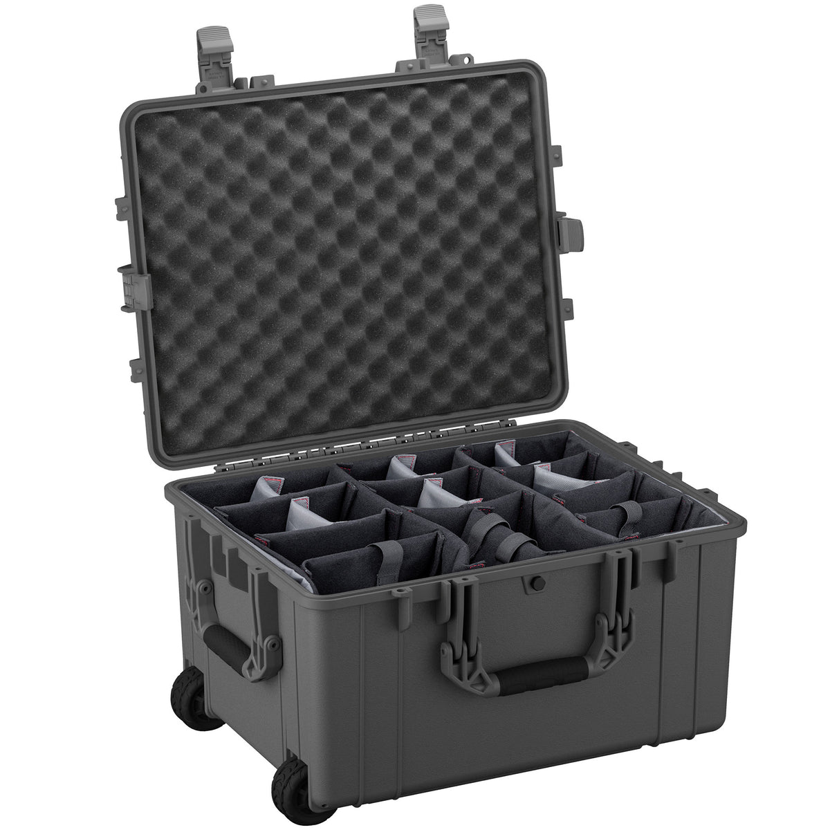Alt text: "Open large gray protective case with wheels and customizable foam dividers inside, ideal for securing and organizing equipment, with egg-crate foam lined interior lid."