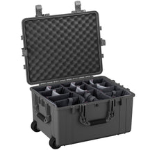 Alt text: "Open large gray protective case with wheels and customizable foam dividers inside, ideal for securing and organizing equipment, with egg-crate foam lined interior lid."