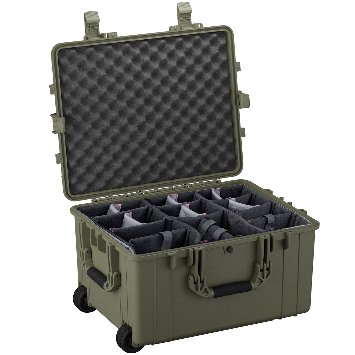 Alt text: "Open olive green 25-inch large protective case with customizable foam inserts and wheels, showcasing a robust design with multiple clasps and a handle, ideal for secure and organized storage of sensitive equipment."