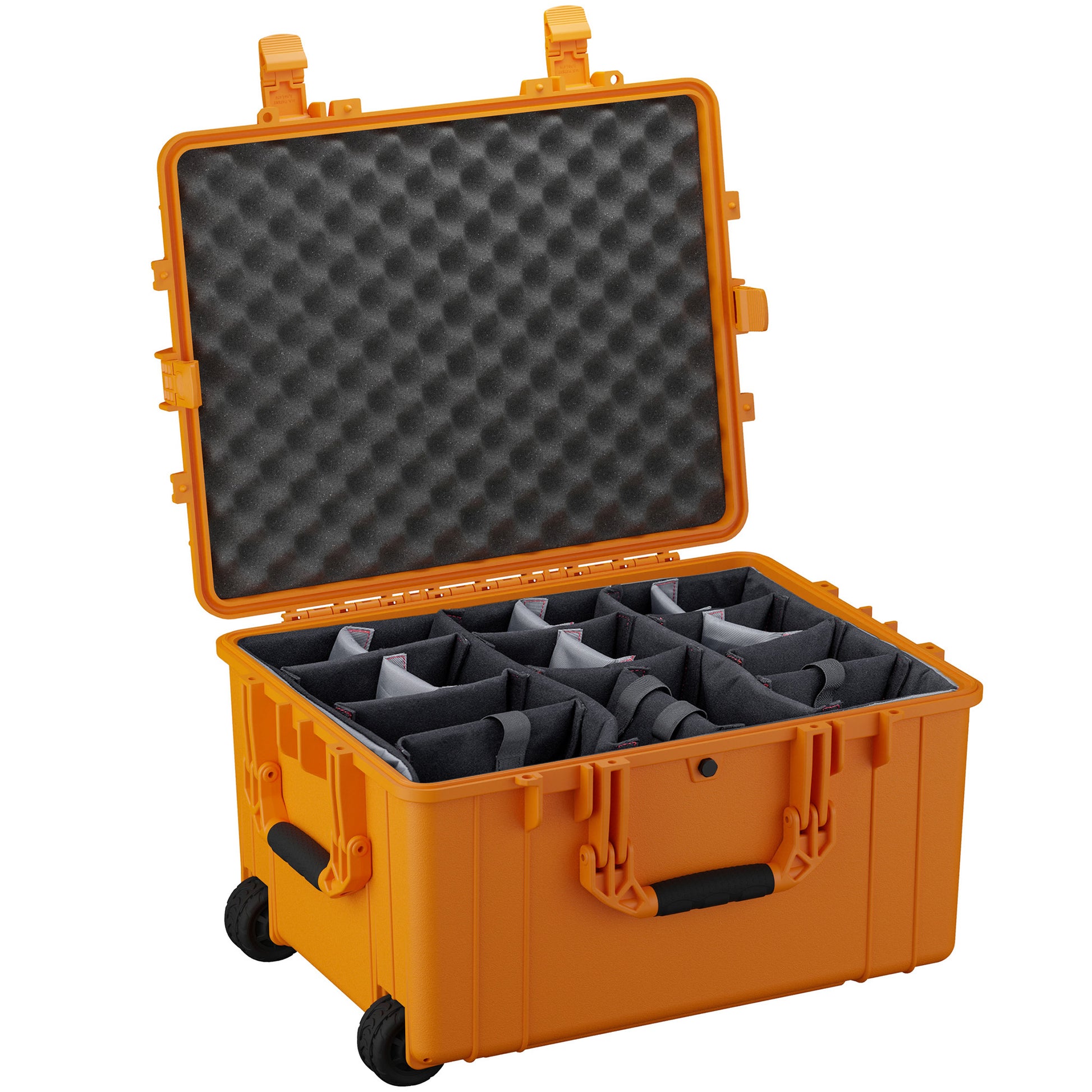 Alt text: "Open large orange protective case with foam dividers and foam-lined lid, featuring wheels and sturdy handles for mobility, ideal for storing and transporting sensitive equipment."