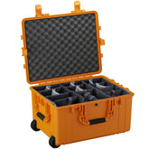Alt text: "Open large orange protective case with foam dividers and foam-lined lid, featuring wheels and sturdy handles for mobility, ideal for storing and transporting sensitive equipment."