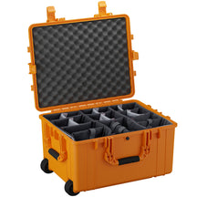 Alt text: "Open large orange protective case with foam dividers and foam-lined lid, featuring wheels and sturdy handles for mobility, ideal for storing and transporting sensitive equipment."