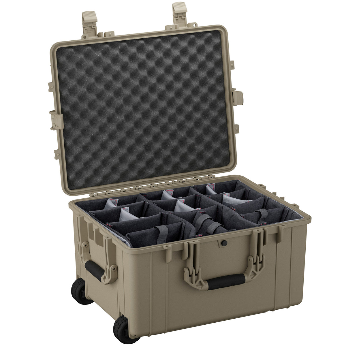 Alt text: "Open 25-inch large protective case in tan, featuring sturdy wheels and customizable foam interior dividers, ideal for secure storage and transport of equipment."