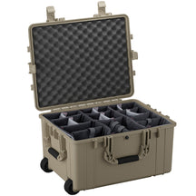 Alt text: "Open 25-inch large protective case in tan, featuring sturdy wheels and customizable foam interior dividers, ideal for secure storage and transport of equipment."