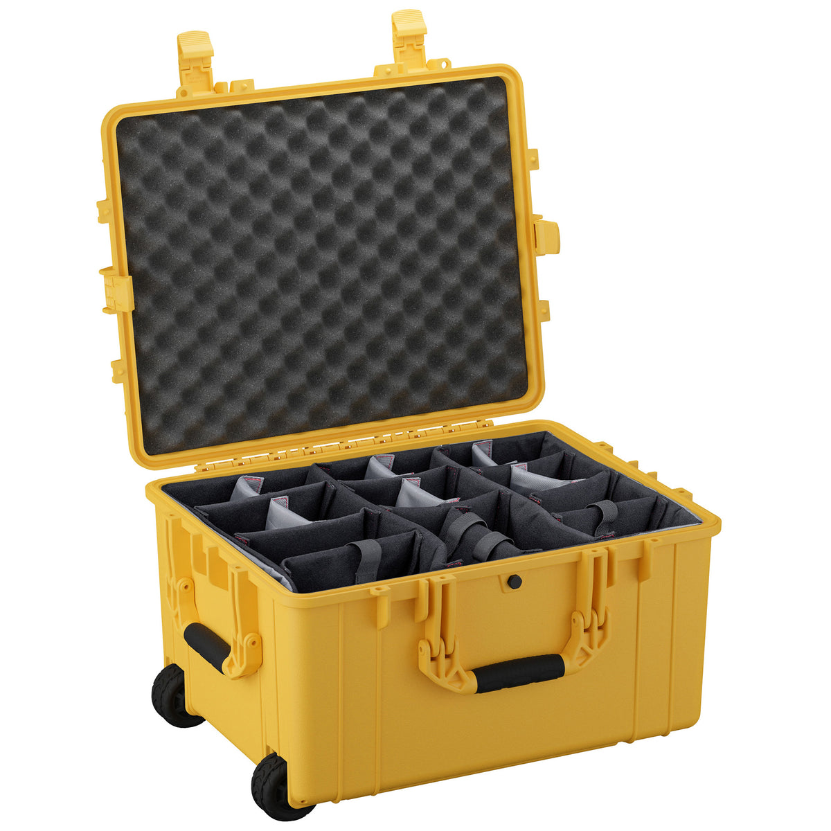 Yellow 25" large protective case with foam padding and adjustable compartments for secure storage and transport.