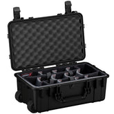 Alt text: Opened large black hard-shell protective case, 22 inches, with wheels and customizable foam inserts, showing internal padded dividers and convoluted foam in the lid for secure equipment storage. The case features reinforced lockable latches for