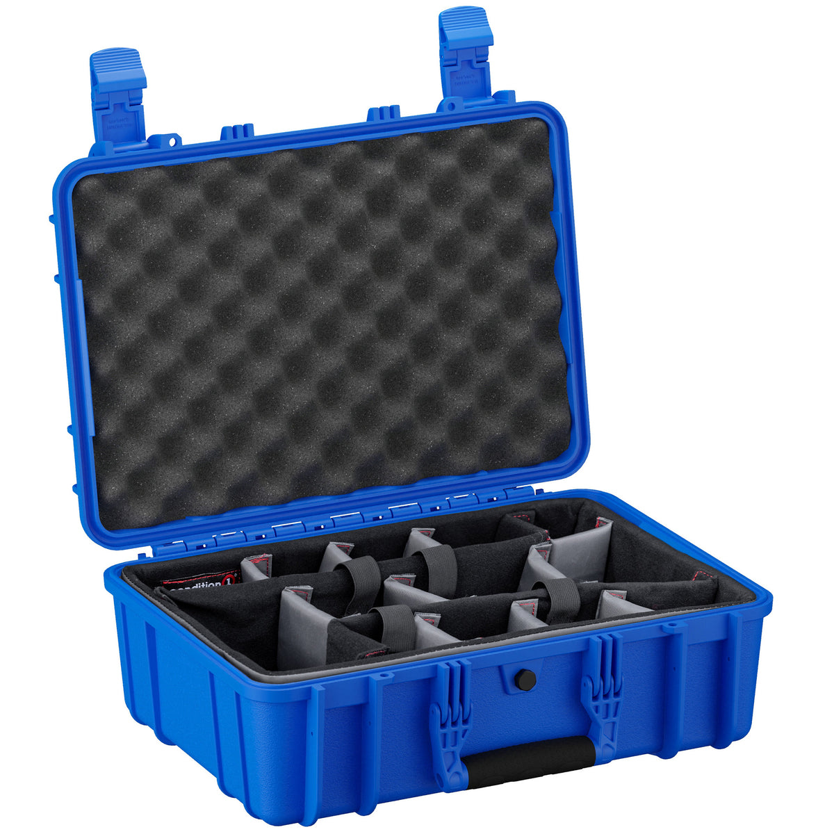 Alt text: "Open 18-inch medium durable case in blue color, model #801, featuring customizable padded dividers and foam-lined lid for protection, ideal for storing and transporting sensitive equipment."