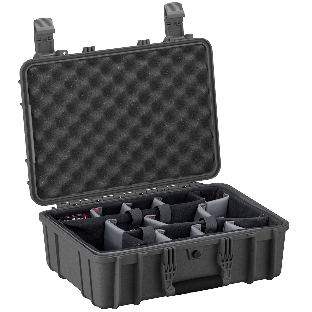 Alt text: "Gray 18-inch medium hard case #801 with open lid revealing customizable foam inserts for organization, featuring sturdy latches and handle."