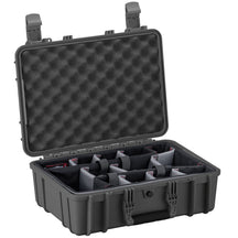 Alt text: "Gray 18-inch medium hard case #801 with open lid revealing customizable foam inserts for organization, featuring sturdy latches and handle."