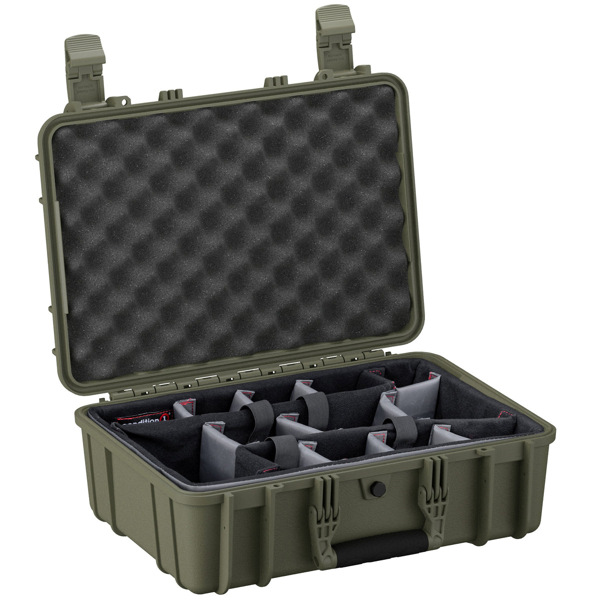 Alt text: "Open 18-inch medium-sized rugged case #801 in olive green, featuring contoured foam inserts and egg-crate foam lid for secure storage and protection."