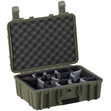 Alt text: "Open 18-inch medium-sized rugged case #801 in olive green, featuring contoured foam inserts and egg-crate foam lid for secure storage and protection."
