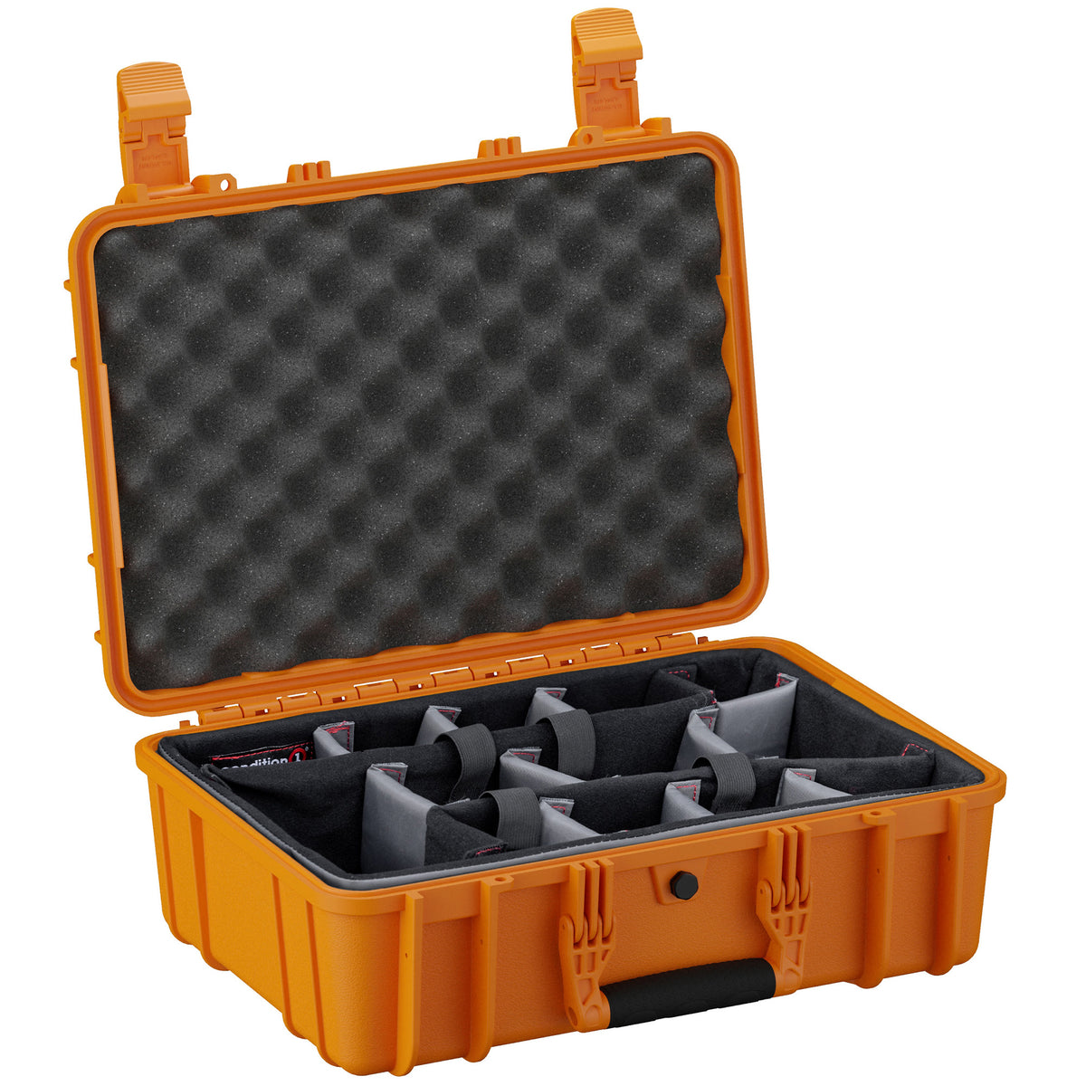 Alt text: "Orange durable 18-inch medium protective case #801 opened to display its foam-padded interior with adjustable compartments, designed for organizing and safeguarding equipment."