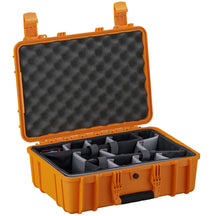 Alt text: "Orange durable 18-inch medium protective case #801 opened to display its foam-padded interior with adjustable compartments, designed for organizing and safeguarding equipment."