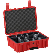 Red protective hard case, 18 inches, with textured foam interior, adjustable compartment dividers, and dual locking latches, open display showing features.