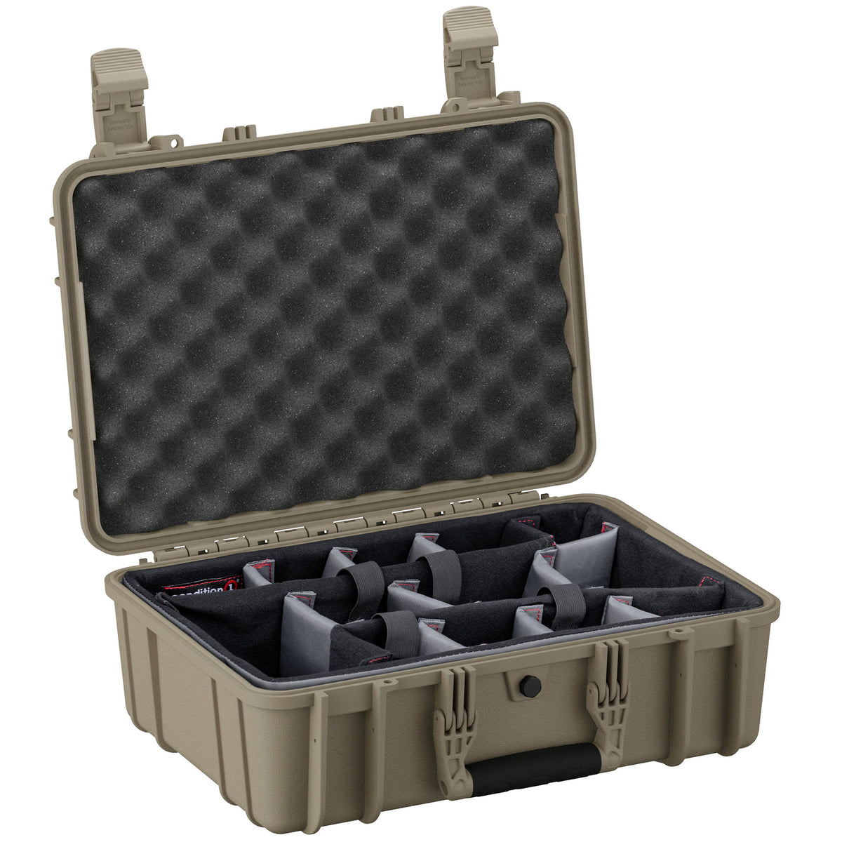 Alt text: "Open 18-inch medium protective case, model #801, displaying its foam-padded interior with adjustable compartments, in a tan color with dual rugged latches."