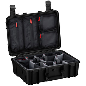 Alt text: Open 18" medium-sized, rugged black case with customizable foam dividers inside and multiple zippered mesh pockets in the lid, featuring red zipper pulls and sturdy black handles.