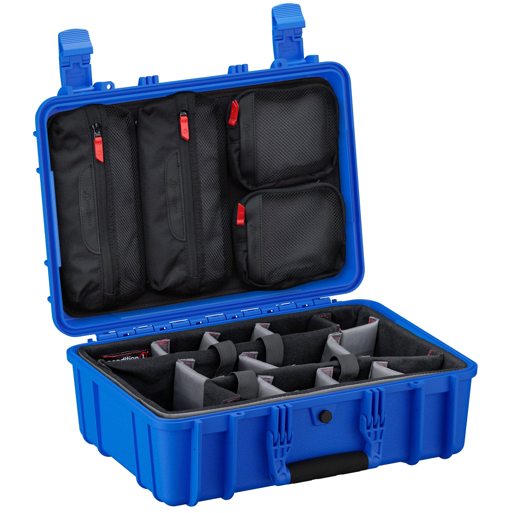 Blue 18-inch medium-sized protective case (Model #801) open to display adjustable padded dividers and zippered mesh pockets in the lid, designed for organizing and safeguarding equipment.