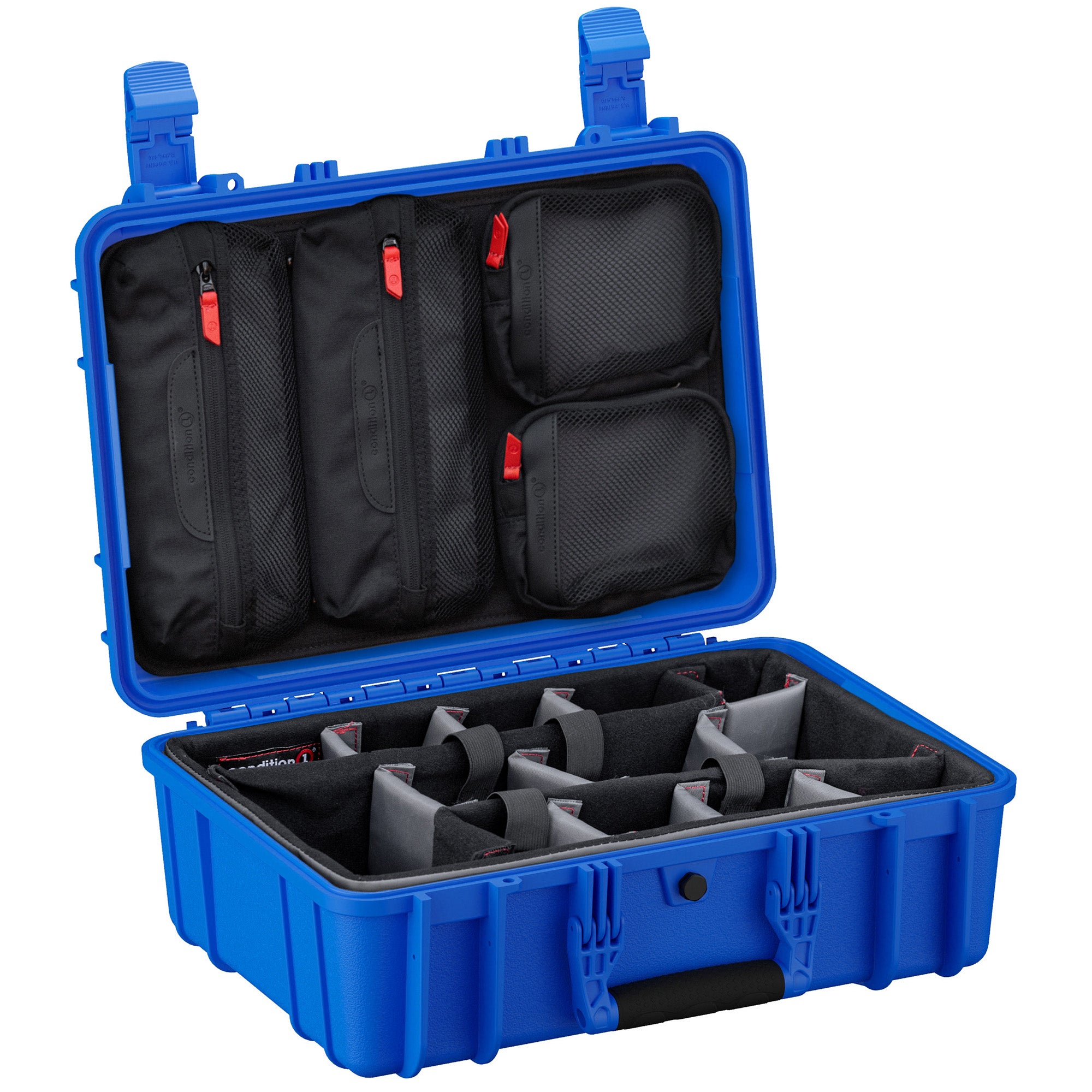 Blue 18-inch medium-sized protective case (Model #801) open to display adjustable padded dividers and zippered mesh pockets in the lid, designed for organizing and safeguarding equipment.