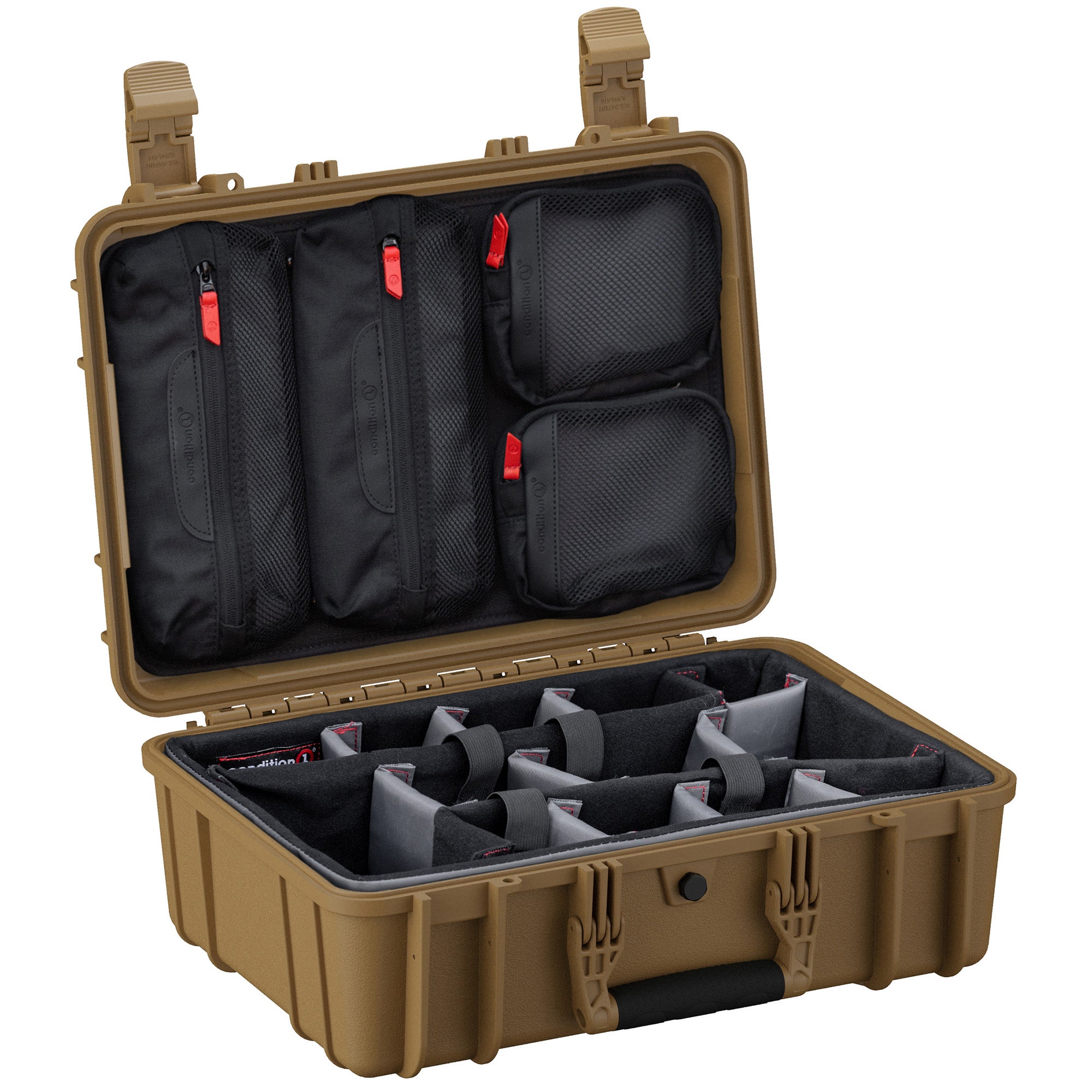 Alt text: "18-inch Medium Case #801 in tan, open to display the customizable grey foam dividers in the bottom section and multiple black zippered pouches with red accents in the lid interior, designed for organized storage and protection of items."