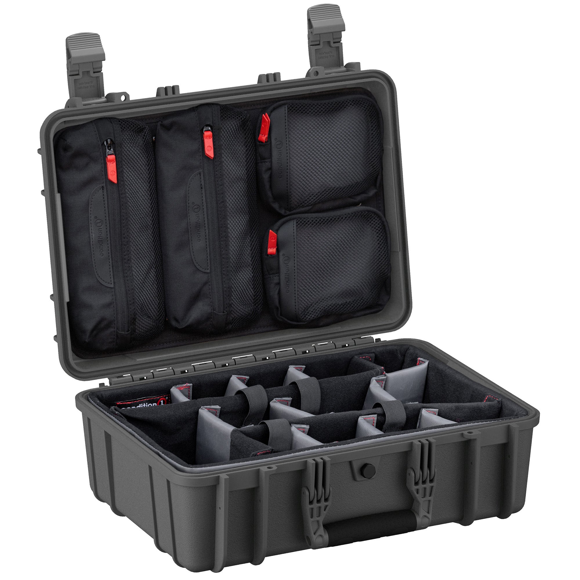 Alt text: "Open 18-inch medium protective case #801 displaying adjustable padded dividers and a lid with multiple zippered mesh compartments for organized storage."