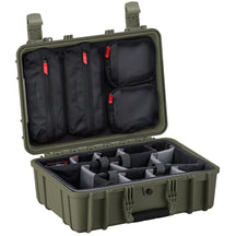 Alt text: "Open 18-inch medium-sized rugged case #801 in olive green, featuring multiple interior compartments with customizable padded dividers and various mesh pockets on the inner lid, ideal for organizing and protecting equipment."