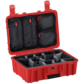 Red hard-shell protective case, 18 inches, open to display inner customizable compartments and zippered mesh pockets on the lid, ideal for storing and organizing tools or equipment.