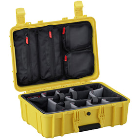 Yellow 18-inch medium protective case with customizable foam inserts and mesh zippered pockets inside the lid, designed for organizing and safeguarding equipment.