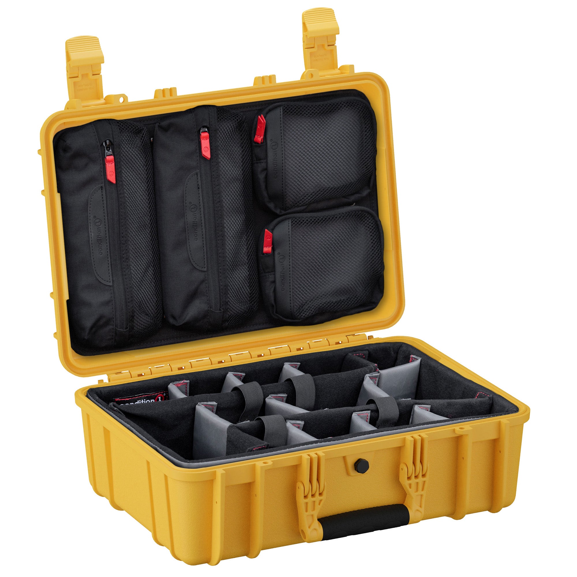 Yellow 18-inch medium case with padded interior and adjustable compartments for organizing photography or electronic gear.