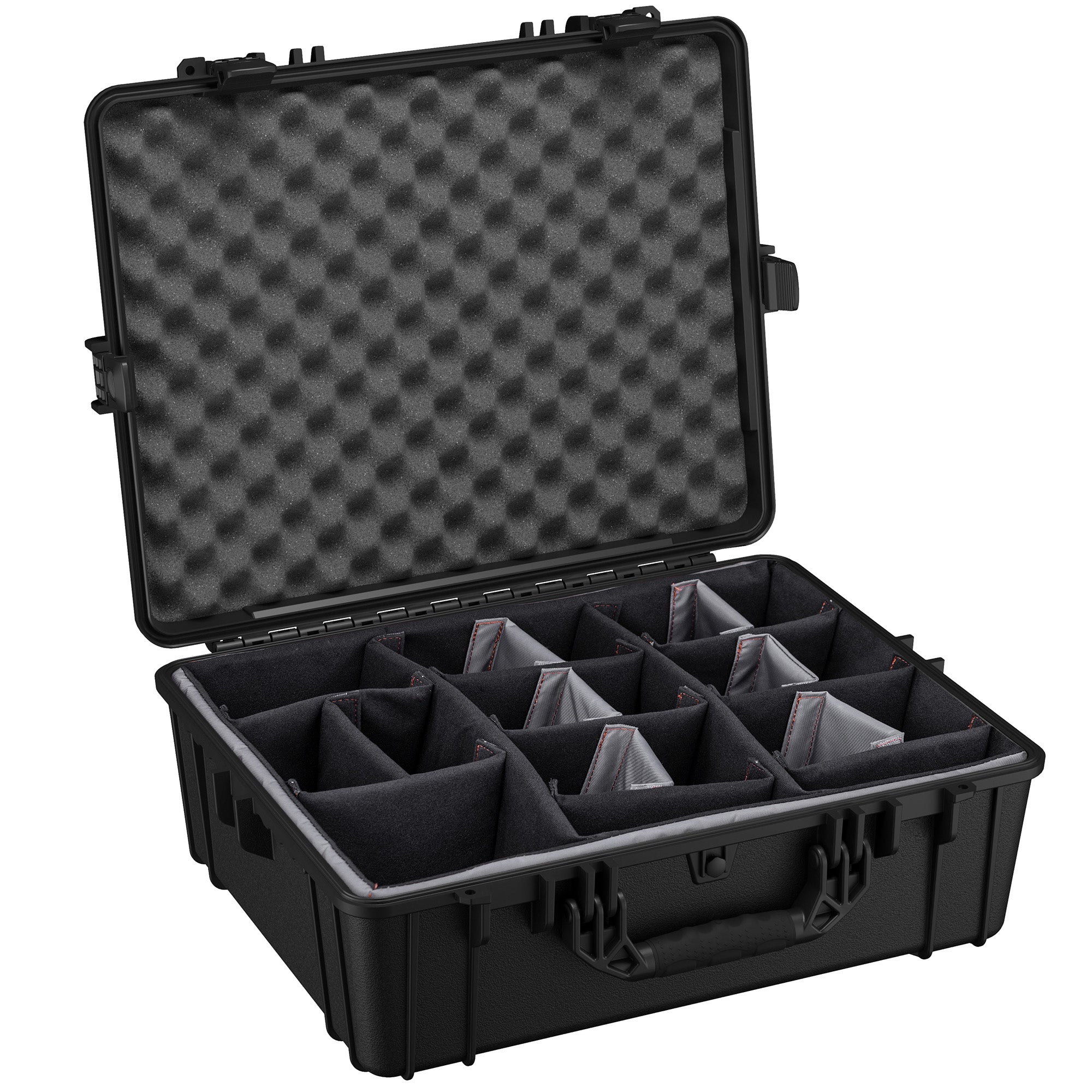 Black protective hard case with custom foam dividers and egg-crate foam lid, 25 inches, suitable for storing and transporting sensitive equipment.