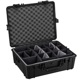 Black protective hard case with custom foam dividers and egg-crate foam lid, 25 inches, suitable for storing and transporting sensitive equipment.