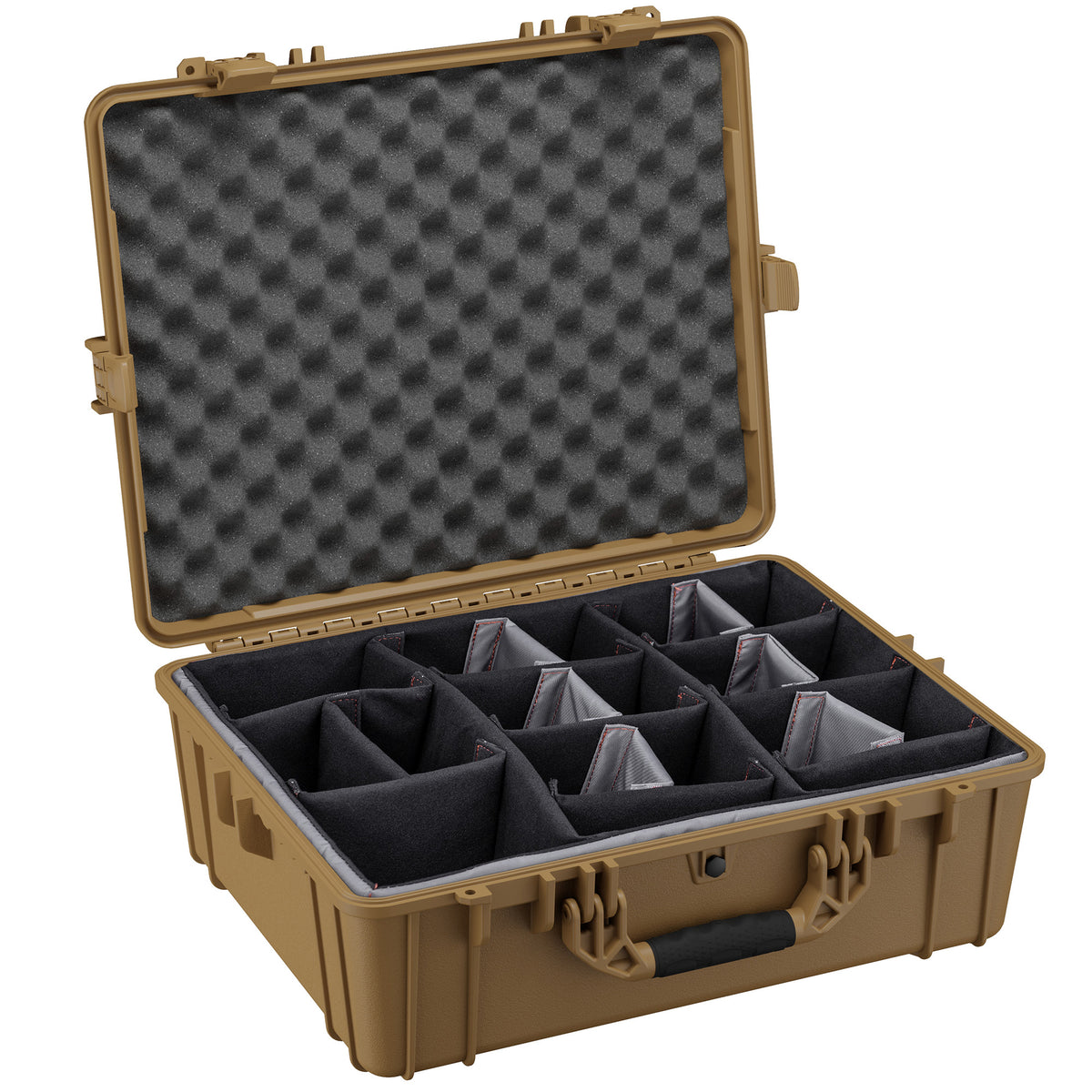 25-inch large protective case in tan, open to display black foam inserts and adjustable compartments, with sturdy latches and handle visible.