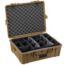 25-inch large protective case in tan, open to display black foam inserts and adjustable compartments, with sturdy latches and handle visible.