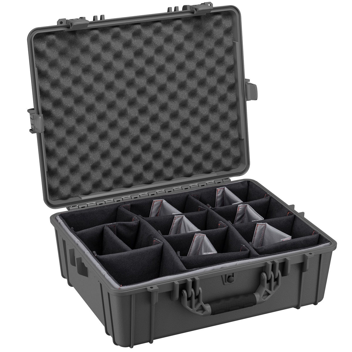 Alt text: "Open 25-inch large protective case, model #839, featuring a customizable padded divider system and convoluted foam lid for secure storage and transportation of delicate equipment."