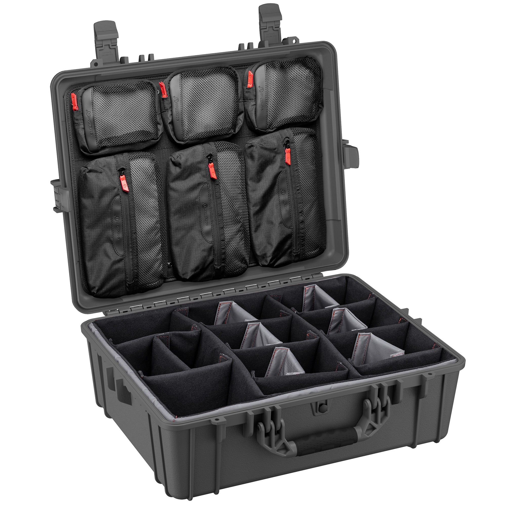 Large 25-inch waterproof hard case with customizable dividers and multiple mesh pockets for organized gear storage.