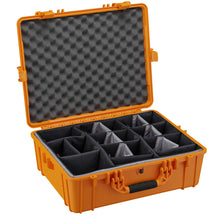 Alt text: "Open 25-inch large orange hard case with customizable foam dividers and egg-crate foam lid, designed for organizing and protecting equipment."