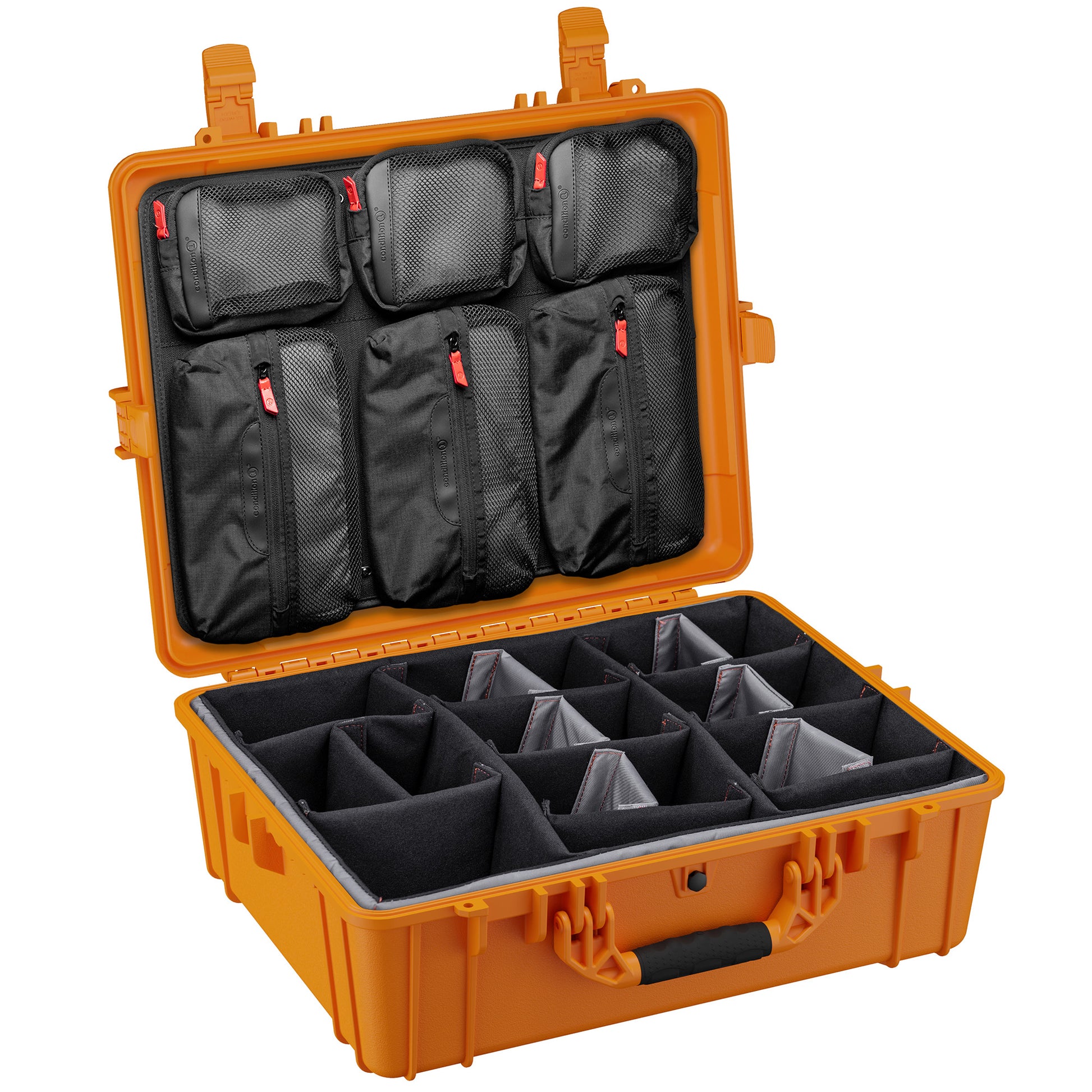 Durable 25-inch waterproof hard case with customizable foam dividers and multiple mesh pockets for organized storage.