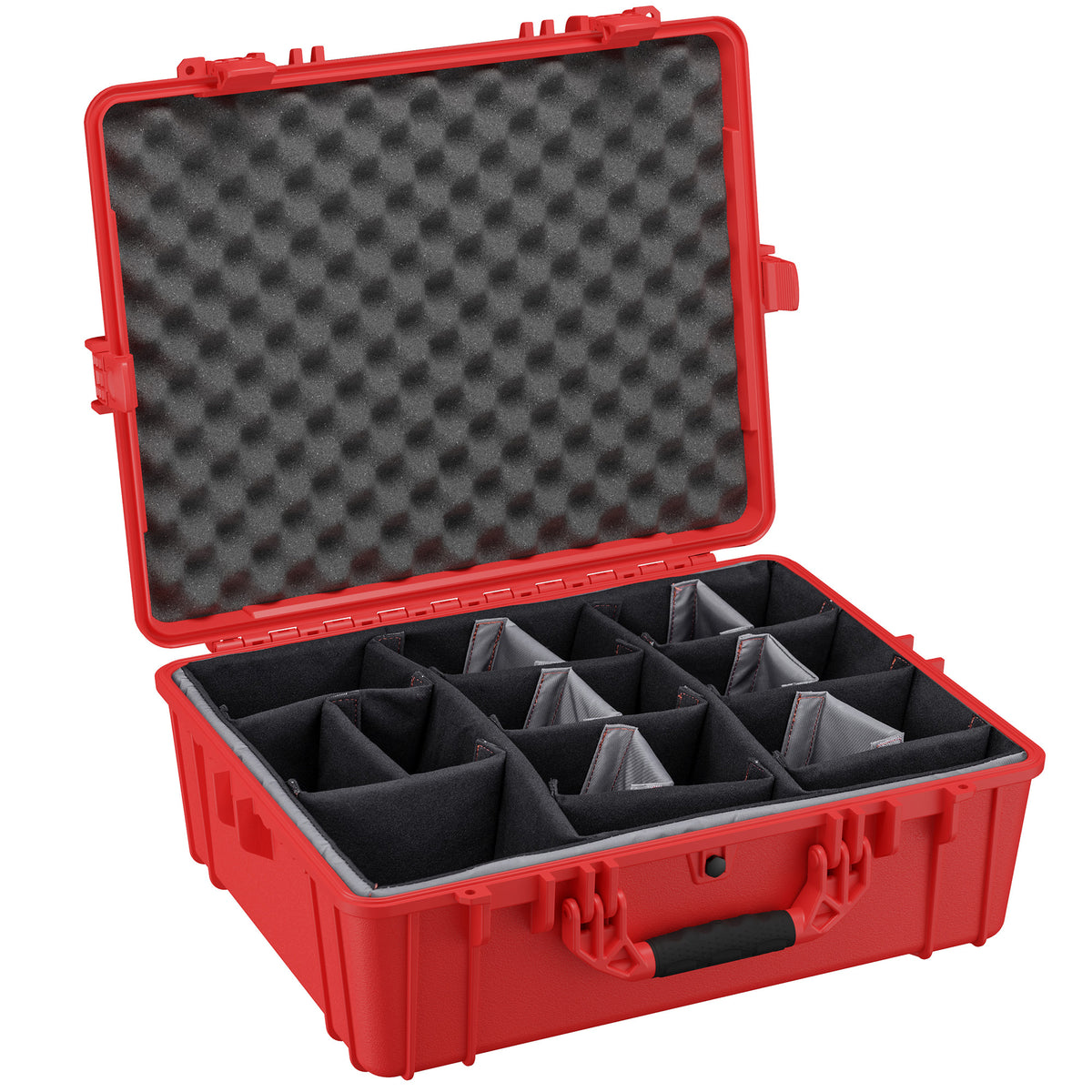 Alt text: Open bright red 25-inch large protective case with customizable padded dividers and convoluted foam lid for equipment organization and safety.