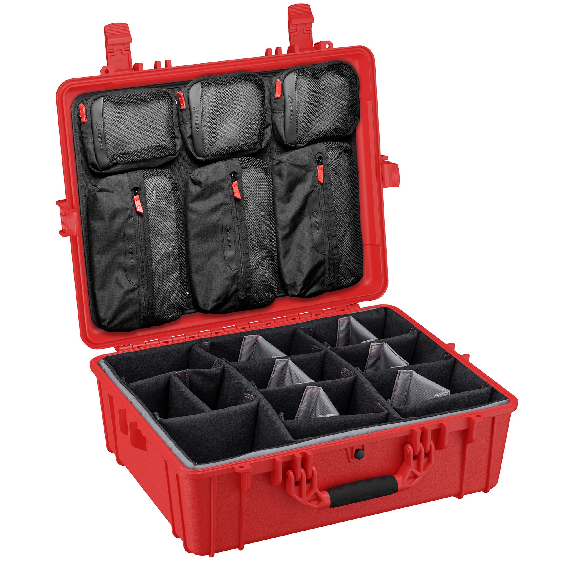Durable 25-inch waterproof hard case with customizable foam interior and multiple mesh pockets for secure gear storage.