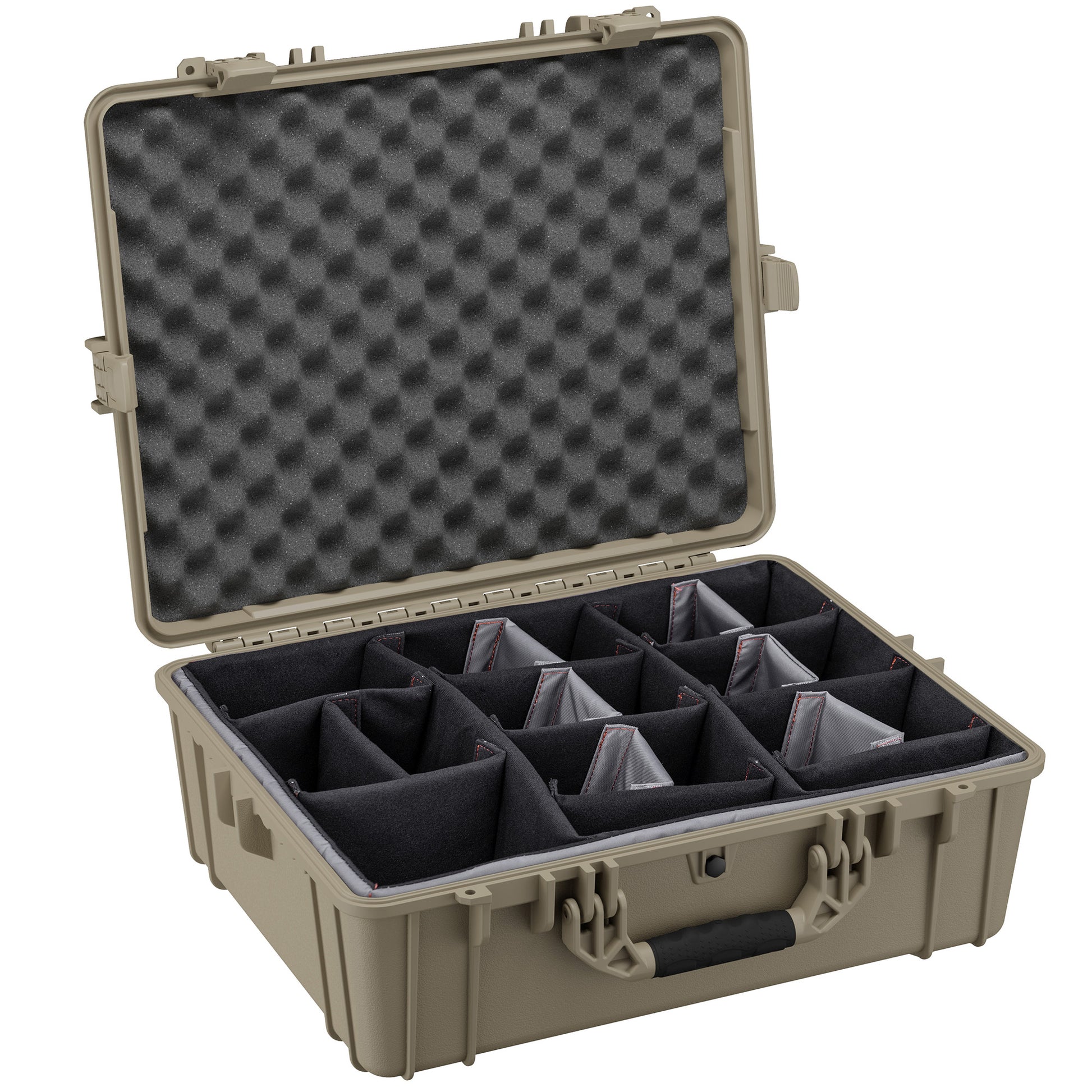 Alt text: "Open 25-inch large protective case with customizable padded dividers and convoluted foam in the lid, in a desert tan color, designed for storing and transporting sensitive equipment securely."