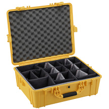 Yellow 25-inch large protective case with foam padding and customizable compartments for secure storage and transport.